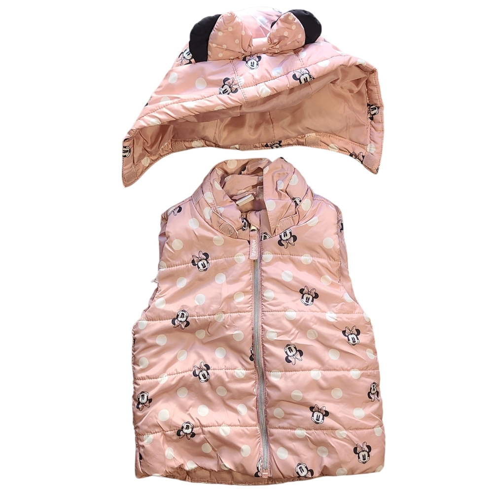 Disney Minnie Mouse Pink Polka Dot Puffer Vest H&M Toddler 2–3T Hooded - Picture 8 of 13